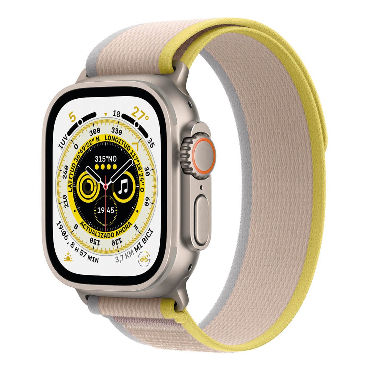 Apple Watch Ultra (GPS + Cellular) 49mm Titanio con Correa Trail Loop Amarilla/Beige MNHK3TY/A - Talla S/M